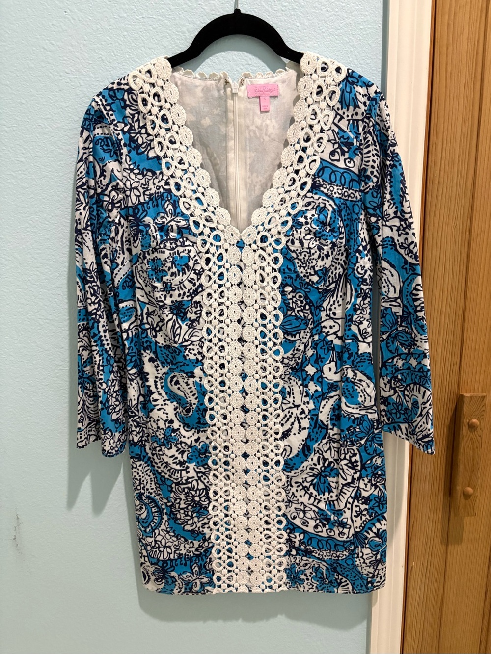 Lilly Pulitzer Blue and White Paisley Crochet-Trim Tunic